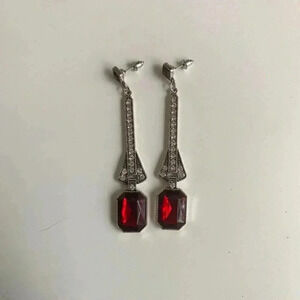 Silver & red dangle rhinestone earrings.